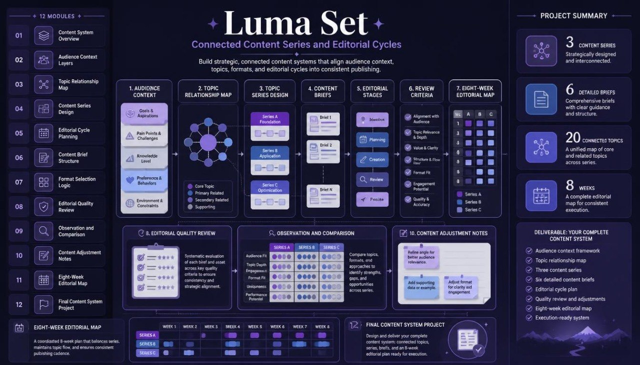 A dark navy and purple infographic titled 'Luma Set' showing a digital workflow diagram for connected content series and editorial cycles, with multiple panels, icons, and text blocks on a black background.