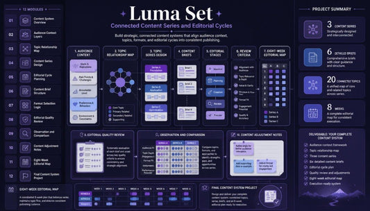 A dark navy and purple infographic titled 'Luma Set' showing a digital workflow diagram for connected content series and editorial cycles, with multiple panels, icons, and text blocks on a black background.