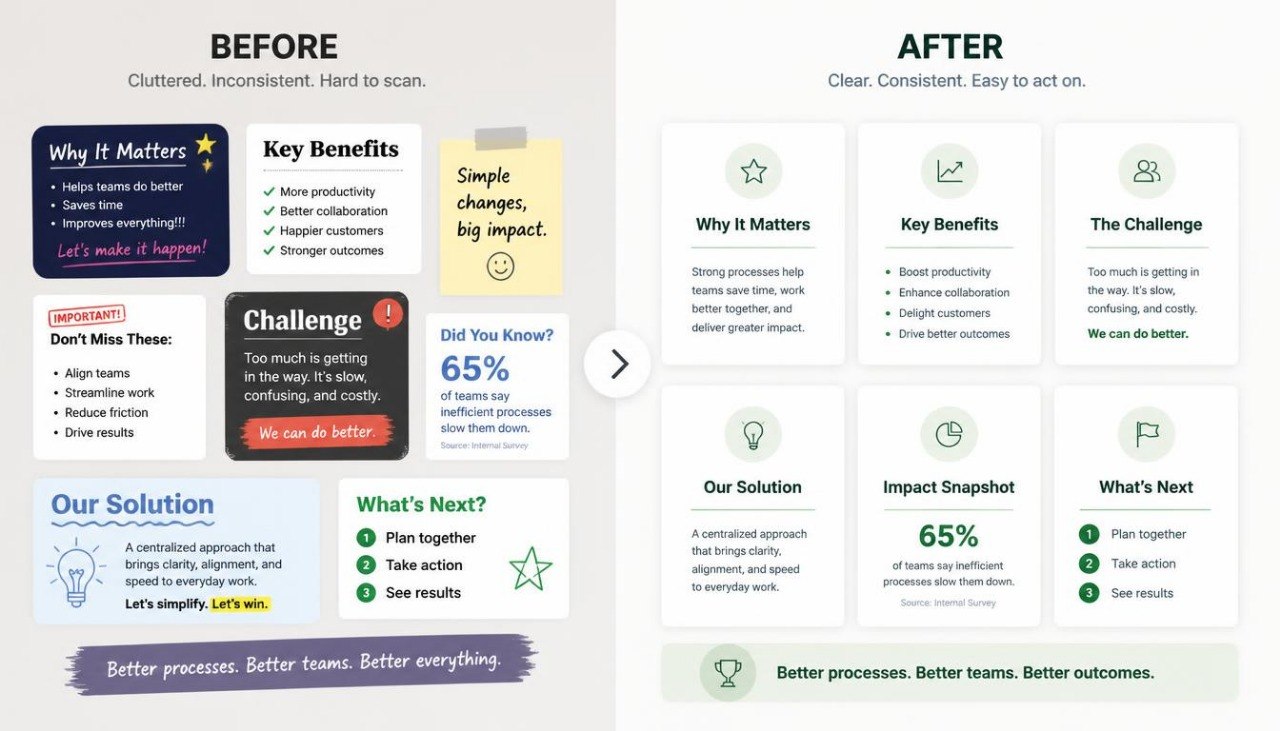 A side-by-side comparison graphic labeled BEFORE and AFTER, showing a set of presentation slide templates. The left 'BEFORE' panel is cluttered with multiple colored blocks, text, and icons, while the right 'AFTER' panel is clean, minimalist, and uses a neutral white and light gray layout with simple green and blue icons.