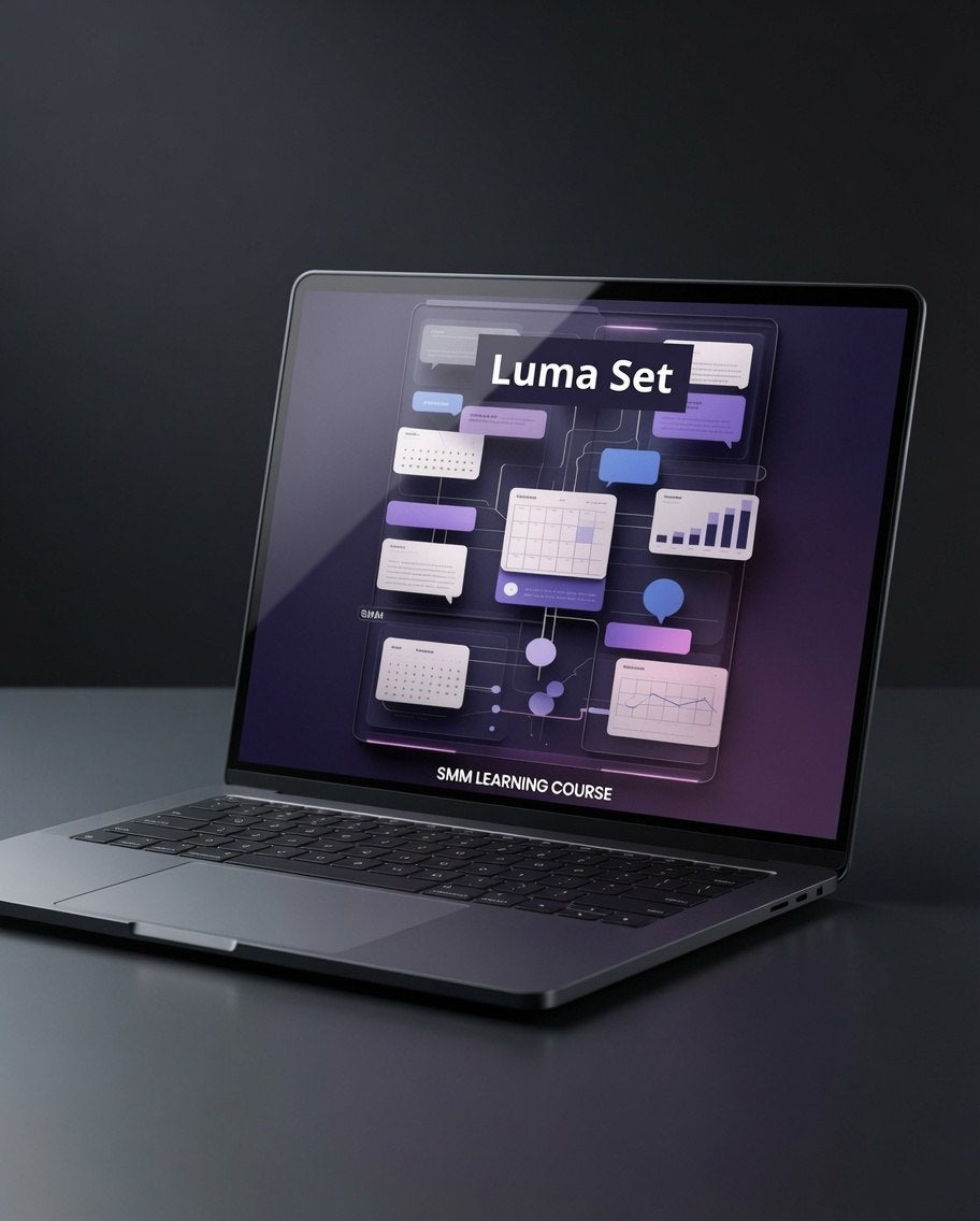 A dark gray laptop on a dark surface with a black background, displaying a digital course interface titled 'Luma Set' on the screen.