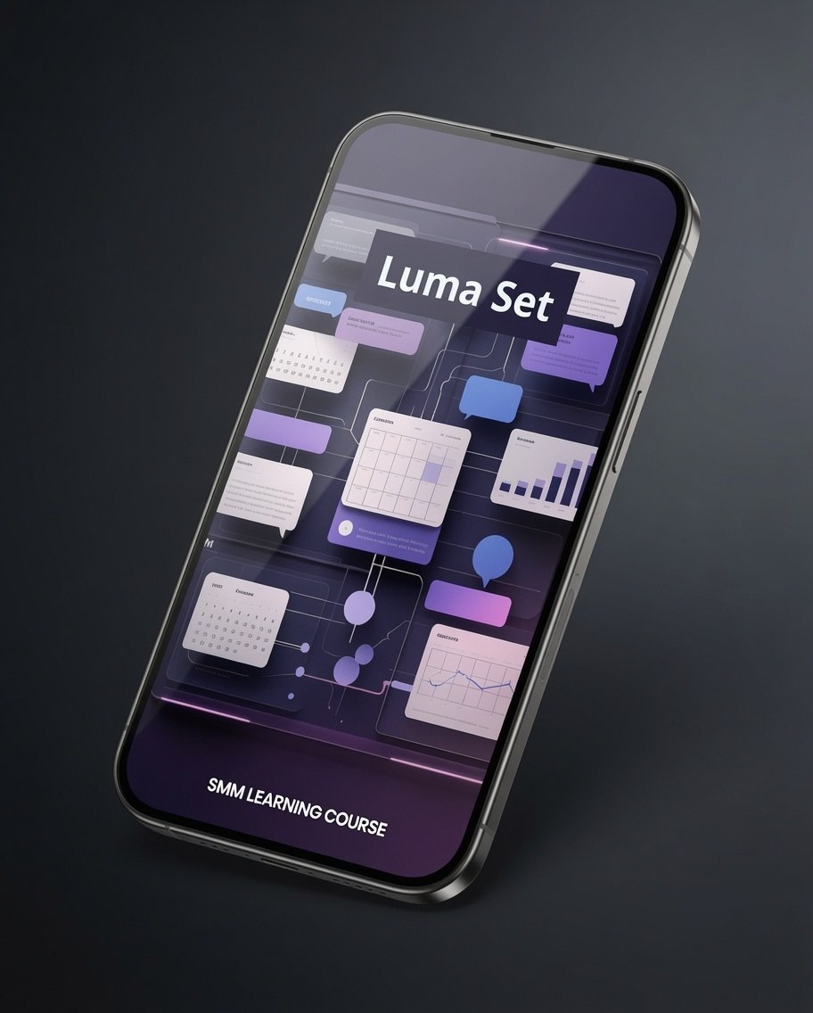 A smartphone shown at an angle on a dark studio background, displaying a course interface titled "Luma Set" and "SMA Learning Course" with purple, blue, and white dashboard graphics.