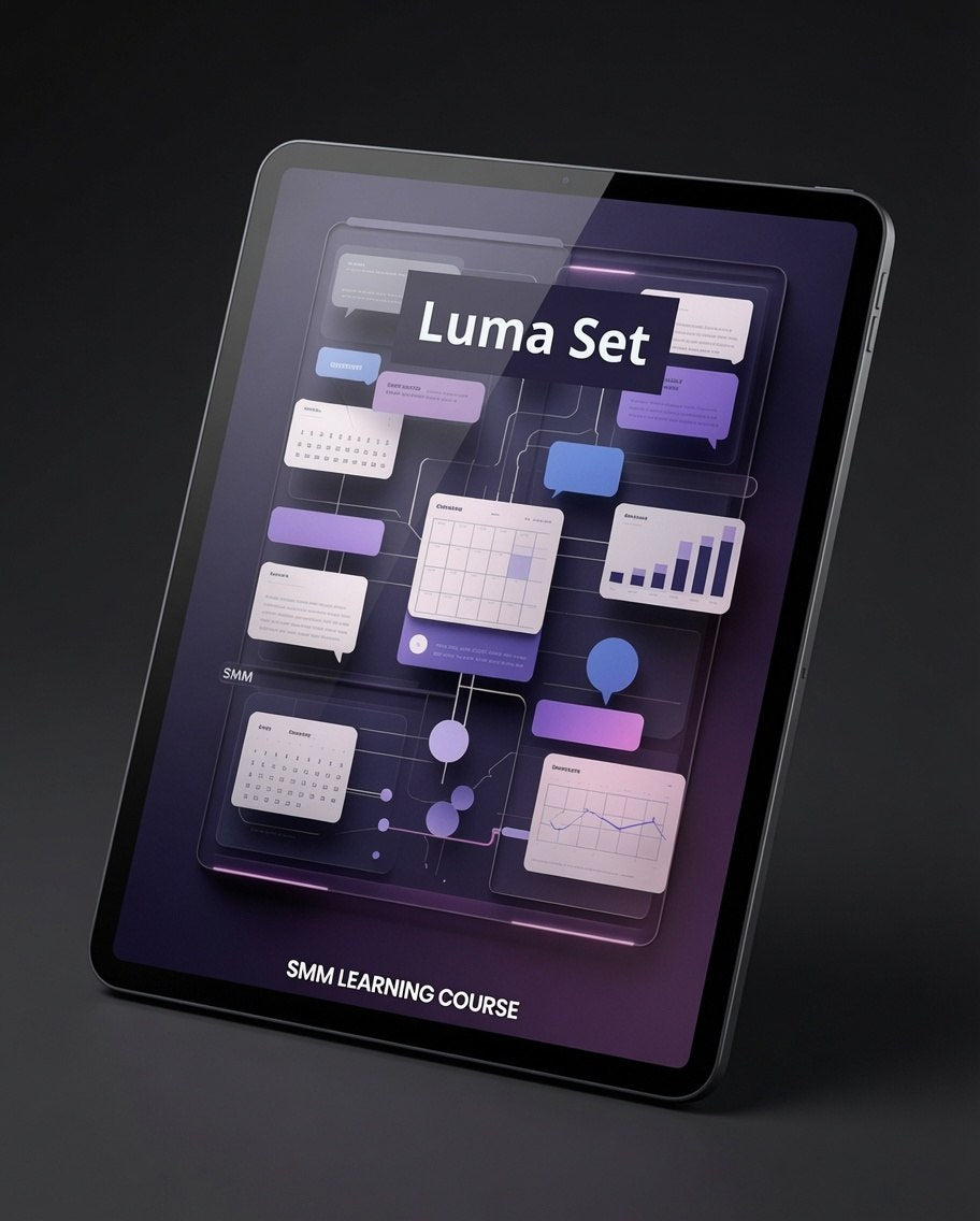 A tablet device shown at an angle on a dark studio background, displaying a course cover titled "Luma Set" and "SMM LEARNING COURSE" with purple, blue, and white graphic panels.