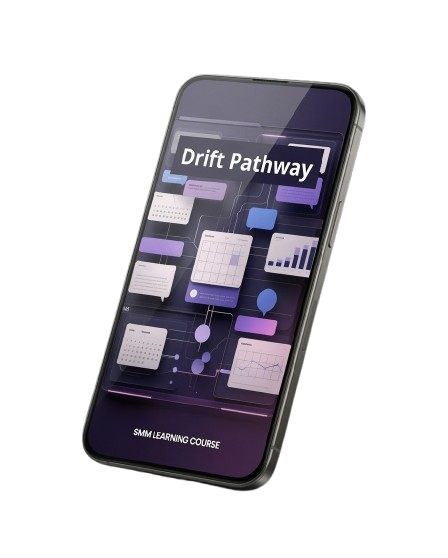 A smartphone shown at an angle on a plain white background, displaying a course interface titled "Drift Pathway" and labeled "SMM LEARNING COURSE.".