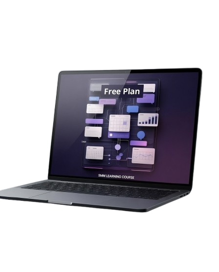 A dark gray laptop shown open at an angle on a plain white background, with the screen displaying a course graphic that reads 'Free Plan' and 'AIAN LEARNING COURSE'.