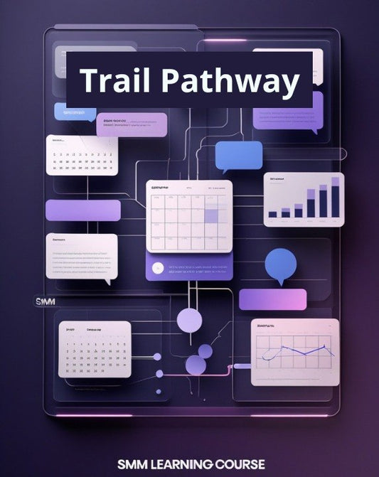 Digital cover graphic for an 'SMM Learning Course' titled 'Trail Pathway', featuring a stylized 3D interface of various purple, blue, and white data cards, charts, and calendar elements on a dark purple background.