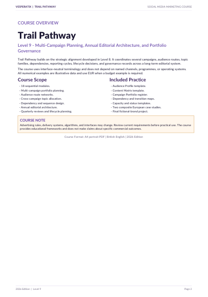 A page from a course brochure or syllabus titled 'Trail Pathway' for Level 9: Multi-Campaign Planning, Annual Editorial Architecture, and Portfolio Governance. It includes course overview text, a scope bullet list, an included practice bullet list, and a course note section on a white page.