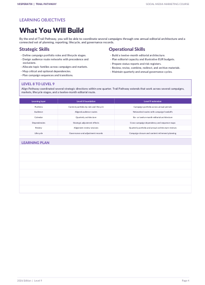 A digital document page titled 'What You Will Build' from VeeqPath | Trail Pathway, outlining learning objectives, strategic and operational skills, and a learning plan table with columns for competency, local foundation, and local industry.
