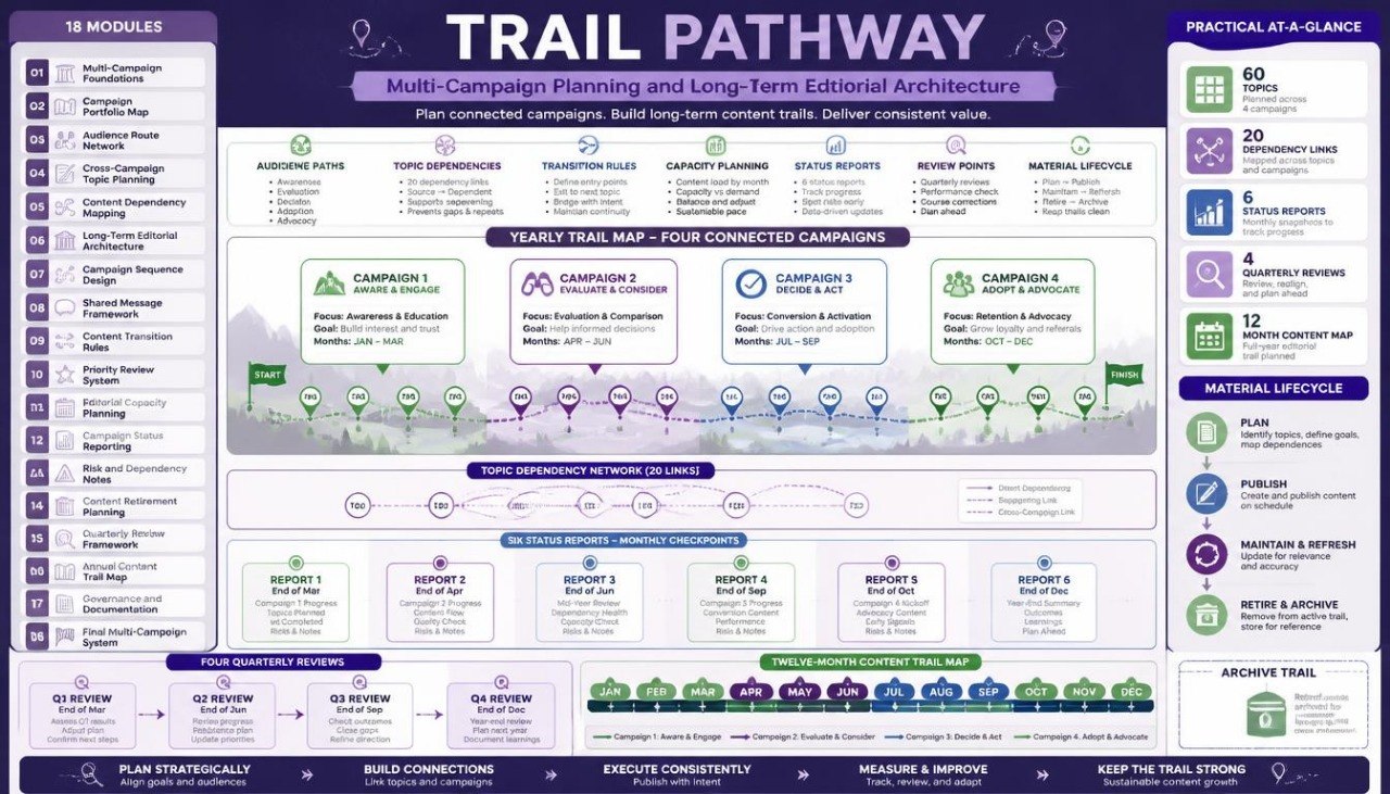 A digital infographic poster titled 'TRAIL PATHWAY' detailing a multi-campaign planning and long-term editorial architecture, featuring a dark purple and white layout with various diagram sections and icons.