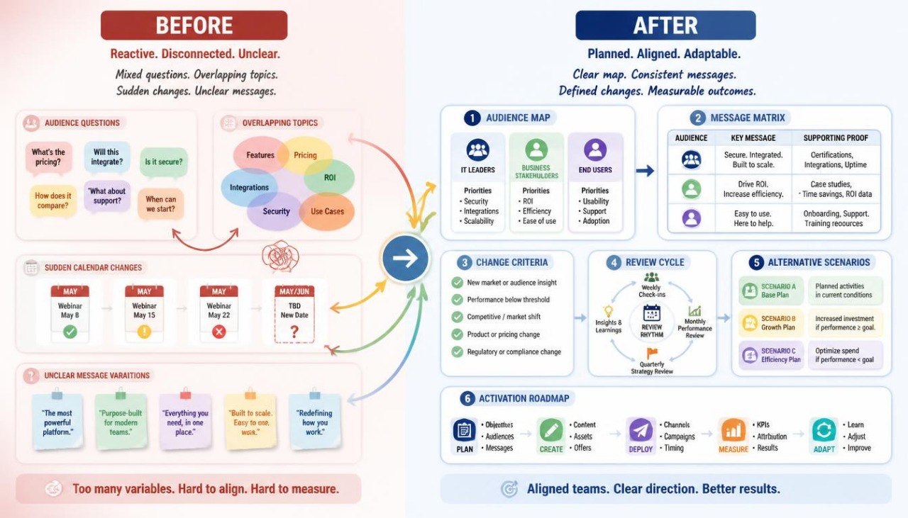 A before-and-after productivity infographic diagram comparing a reactive, disorganized workflow labeled 'BEFORE' on the left with a planned, aligned workflow labeled 'AFTER' on the right, featuring various colored boxes, icons, and text on a white background.