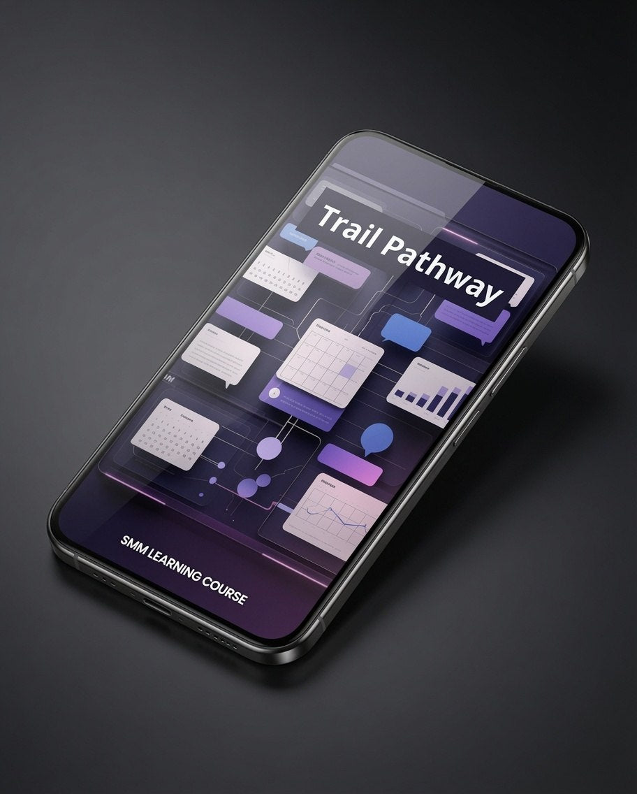 A smartphone shown at an angle on a dark studio background, displaying a course-style interface titled "Trail Pathway" with purple, blue, and white graphics. No person, animal, or real environment is present, so this is Product/Packaging rather than Lifestyle.