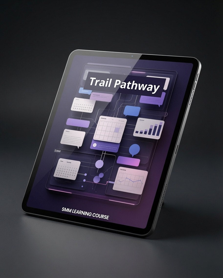 A tablet device shown at an angle on a dark studio background, displaying a course interface titled "Trail Pathway" with purple and blue dashboard graphics. The text "SAM LEARNING COURSE" is visible at the bottom of the screen.
