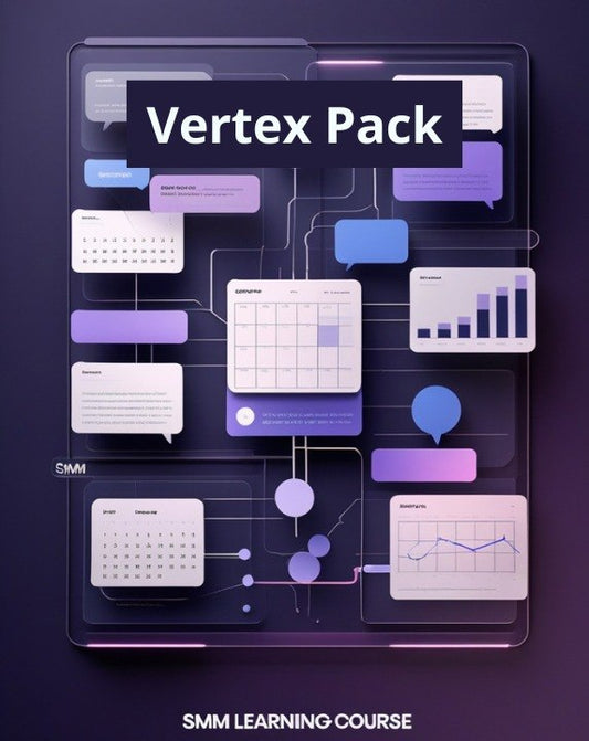 Digital cover graphic for an 'SMM Learning Course' titled 'Vertex Pack', featuring a stylized 3D interface of social media analytics cards, graphs, and calendar elements in shades of purple, blue, and white.