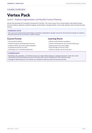 A digital preview page of a document titled 'Course Overview' for 'Vertex Pack', showing course format, learning route, and course note sections in a clean, black-and-white layout.
