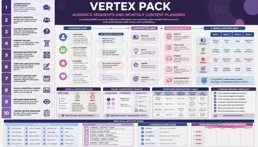 A digital infographic poster titled 'VERTEX PACK' detailing audience segments and monthly content planning, featuring a colorful grid layout with various marketing terms, tips, and diagrams.