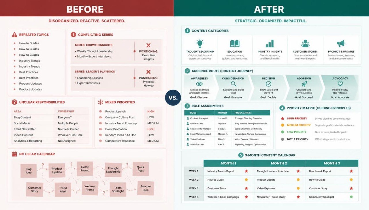 A side-by-side productivity comparison graphic labeled BEFORE and AFTER. The left side has a red header and lists challenges or problems with disorganized, reactive, scattered workflows in pink and black text.