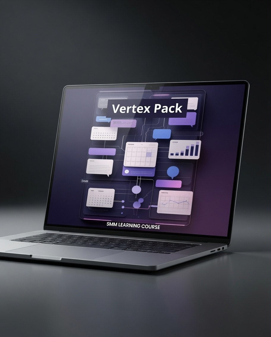 A silver laptop on a dark gray surface, displaying a digital course graphic titled 'Vertex Pack' with purple and blue interface elements. The laptop is shown at an angle against a dark studio background.