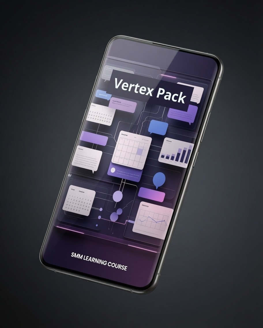 A smartphone shown at an angle on a dark gradient background, displaying a course interface titled 'Vertex Pack' and '6AM LEARNING COURSE' with purple, blue, and white dashboard graphics.