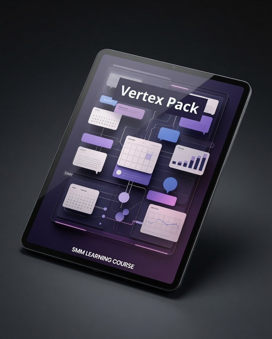 A tablet device shown at an angle on a dark studio background, displaying a course or app interface titled "Vertex Pack" with purple and blue graphic panels and the text "SAM LEARNING COURSE" near the bottom.