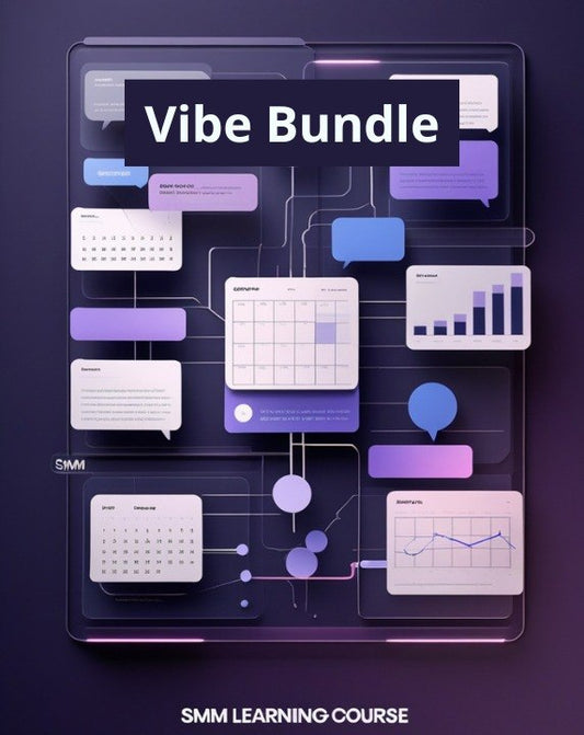 Digital cover graphic for an 'SMM Learning Course' titled 'Vibe Bundle', featuring a stylized 3D illustration of a tablet displaying various social media planning elements like calendars, chat bubbles, and analytics graphs in shades of purple, blue, and white.