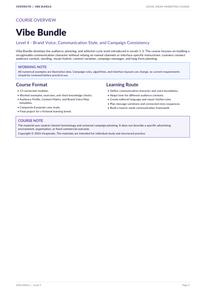 A digital document page from Verveys & Vibebundle titled 'Vibe Bundle' showing course overview content for Level 4 Brand Voice, Communication Style, and Campaign Consistency, with text and light blue highlighted boxes on a white page.