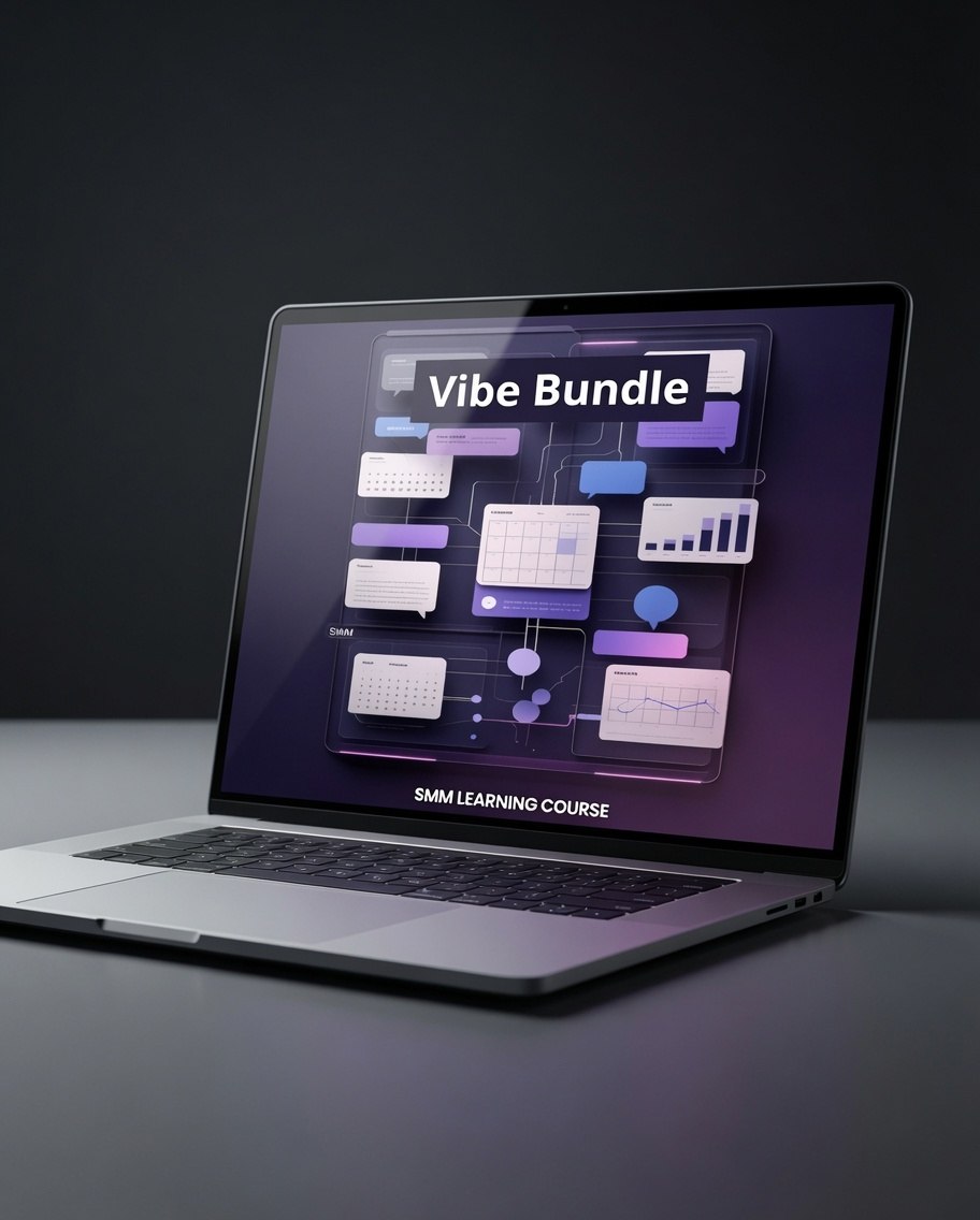 A silver laptop on a dark gray surface, displaying a digital course cover titled 'Vibe Bundle' with purple and white interface graphics. The laptop screen shows 'SMK LEARNING COURSE' at the bottom.