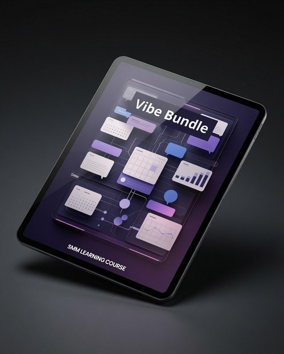 A tablet device shown at an angle on a dark studio background, displaying a course cover titled "Vibe Bundle" with purple and blue interface graphics and the text "SMJ LEARNING COURSE" near the bottom.
